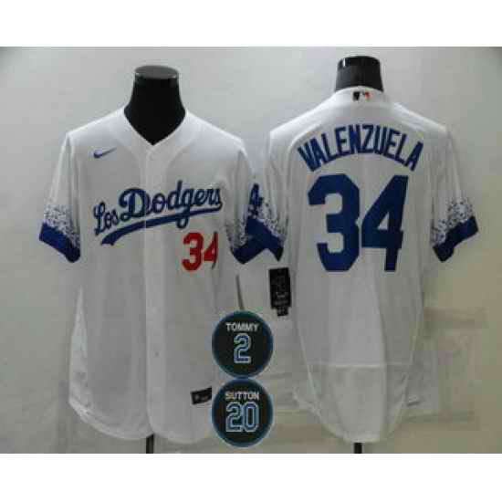 Men Los Angeles Dodgers 34 Fernando Valenzuela White #2 20 Patch City Connect Flex Base Stitched Jersey->los angeles dodgers->MLB Jersey