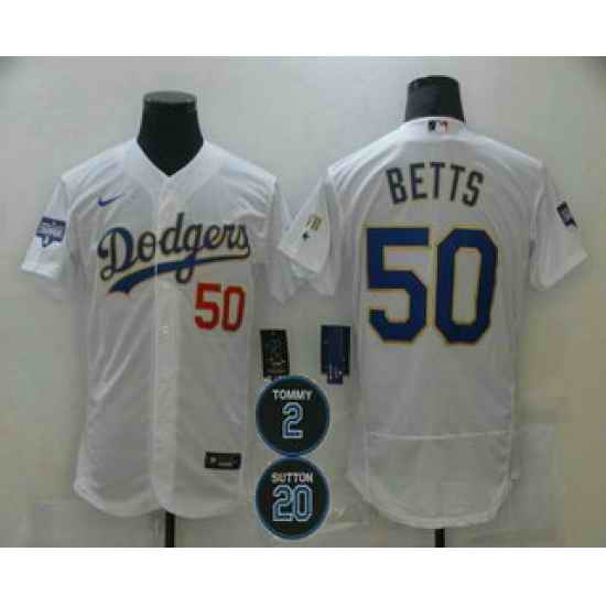 Men Los Angeles Dodgers 50 Mookie Betts White Gold #2 20 Patch Flex Base Sttiched MLB Jersey->los angeles dodgers->MLB Jersey
