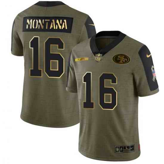 Men San Francisco 49ers #16 Joe Montana 2021 Olive Camo Salute To Service Golden Limited Stitched Jersey->philadelphia eagles->NFL Jersey
