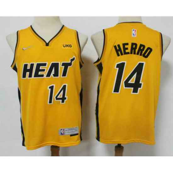 Men Miami Heat #14 Tyler Herro Yellow Nike Swingman 2021 Earned Edition Stitched Jersey With NEW Sponsor Logo->phoenix suns->NBA Jersey