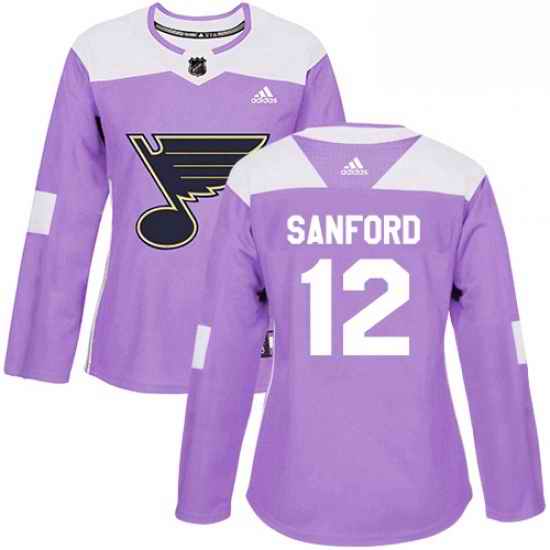 Womens Adidas St Louis Blues #12 Zach Sanford Authentic Purple Fights Cancer Practice NHL Jersey->women nhl jersey->Women Jersey