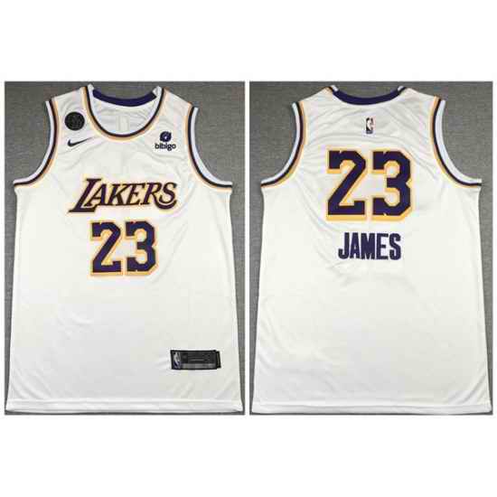 Men Los Angeles Lakers #23 LeBron James Bibigo White With KB Patch Stitched Jersey->->NBA Jersey