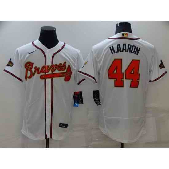 Men Atlanta Braves #44 Hank Aaron 2022 White Gold World Series Champions Program Flex Base Stitched Baseball jersey->atlanta braves->MLB Jersey