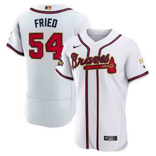 Men Atlanta Braves #54 Max Fried 2022 White Gold World Series Champions Program Flex Base Stitched Baseball jersey->atlanta braves->MLB Jersey