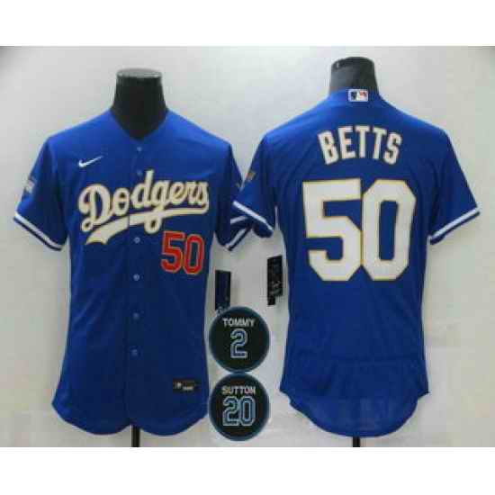 Men Los Angeles Dodgers 50 Mookie Betts Blue Gold #2 20 Patch Stitched MLB Flex Base Nike Jersey->los angeles dodgers->MLB Jersey