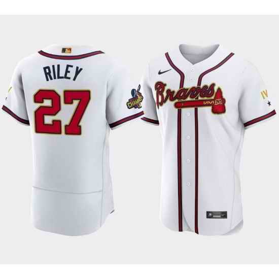 Men Atlanta Braves #27 Austin Riley 2022 White Gold World Series Champions Program Flex Base Stitched Baseball jersey->atlanta braves->MLB Jersey