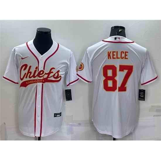 Men Kansas City Chiefs #87 Travis Kelce White With Patch Cool Base Stitched Baseball Jersey->kansas city chiefs->NFL Jersey