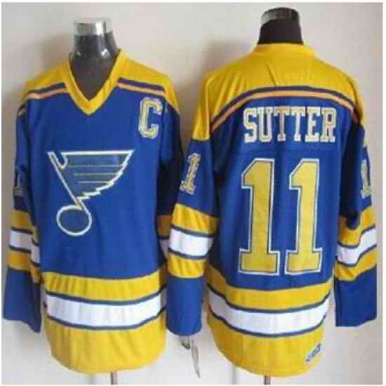 St Louis Blues #11 Brian Sutter Light Blue Yellow CCM Throwback Stitched NHL Jersey->st.louis blues->NHL Jersey