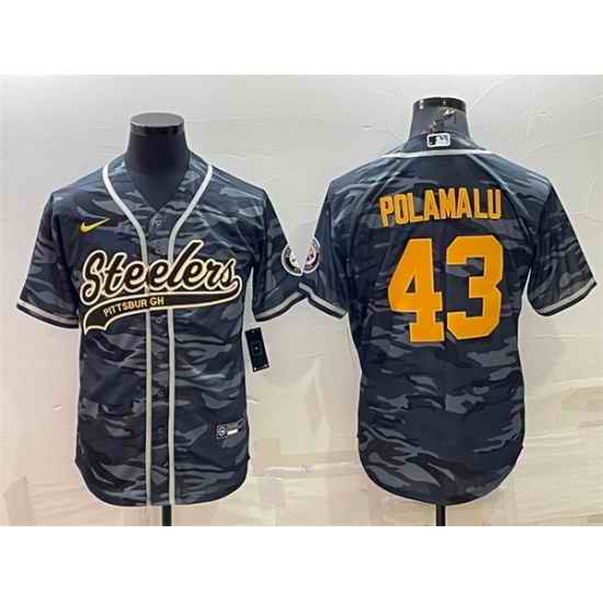 Men Pittsburgh Steelers #43 Troy Polamalu Grey Navy Camo With Patch Cool Base Stitched Baseball Jersey->san francisco 49ers->NFL Jersey