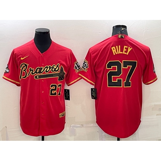 Men Atlanta Braves #27 Austin Riley Red Gold Cool Base Stitched Baseball Jersey->cincinnati reds->MLB Jersey