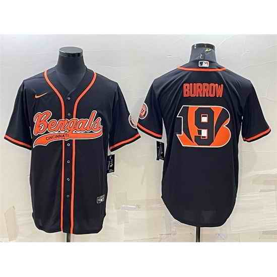 Men Cincinnati Bengals #9 Joe Burrow Black Team Big Logo With Patch Cool Base Stitched Baseball Jersey->cincinnati bengals->NFL Jersey