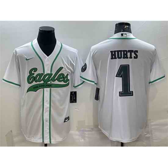 Men Philadelphia Eagles #1 Jalen Hurts White With Patch Cool Base Stitched Baseball Jersey->philadelphia eagles->NFL Jersey