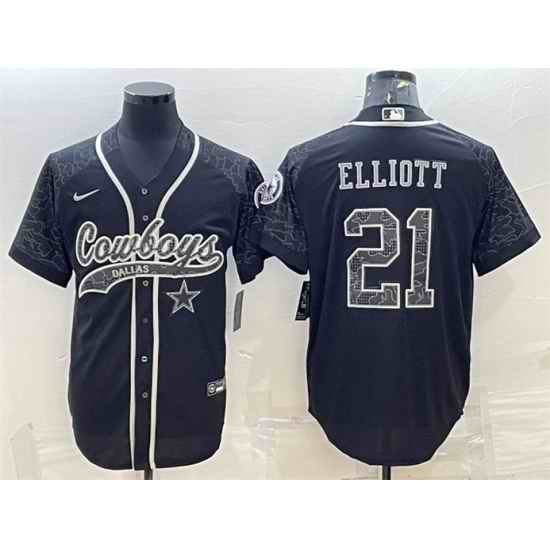 Men Dallas Cowboys #21 Ezekiel Elliott Black Reflective With Patch Cool Base Stitched Baseball Jersey->dallas cowboys->NFL Jersey