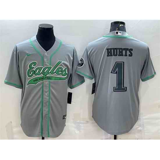 Men Philadelphia Eagles #1 Jalen Hurts Grey With Patch Cool Base Stitched Baseball Jerseys->philadelphia eagles->NFL Jersey