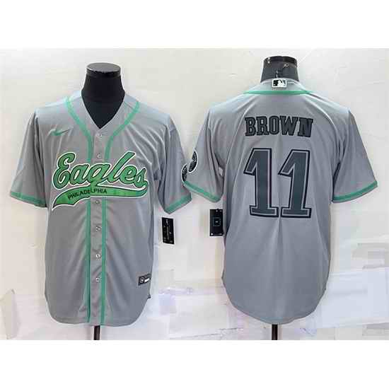 Men Philadelphia Eagles #11 A  J  Brown Grey With Patch Cool Base Stitched Baseball Jersey->philadelphia eagles->NFL Jersey