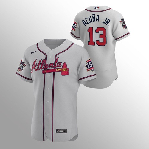 Atlanta Atlanta Braves #13 Ronald Acuna Jr. Men’s Nike 150th Anniversary 2021 World Series Authentic MLB Jersey – Grey Men’s->atlanta braves->MLB Jersey