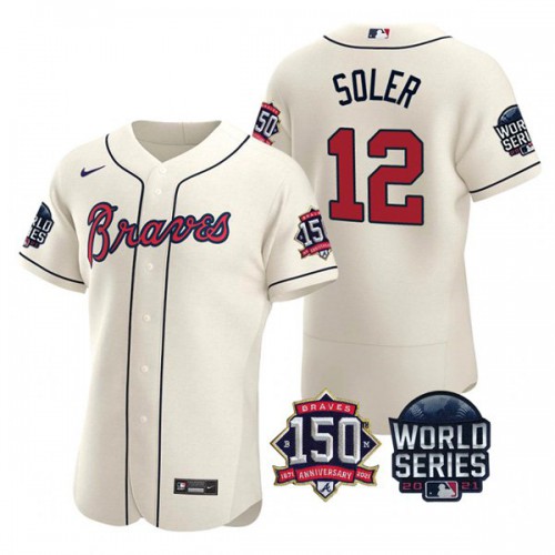 Atlanta Atlanta Braves #12 Jorge Soler Men’s Nike 150th Anniversary 2021 World Series Authentic MLB Jersey – Cream Men’s->atlanta braves->MLB Jersey