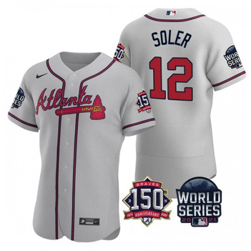 Atlanta Atlanta Braves #12 Jorge Soler Men’s Nike 150th Anniversary 2021 World Series Authentic MLB Jersey – Grey Men’s->atlanta braves->MLB Jersey