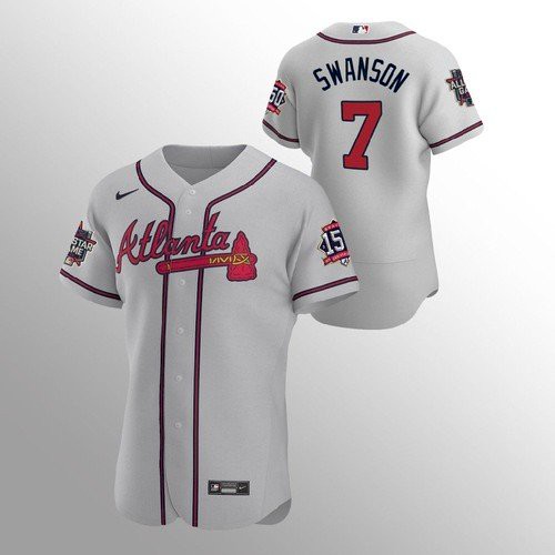 Atlanta Atlanta Braves #7 Dansby Swanson Men’s Nike 150th Anniversary 2021 World Series Authentic MLB Jersey – Grey Men’s->atlanta braves->MLB Jersey