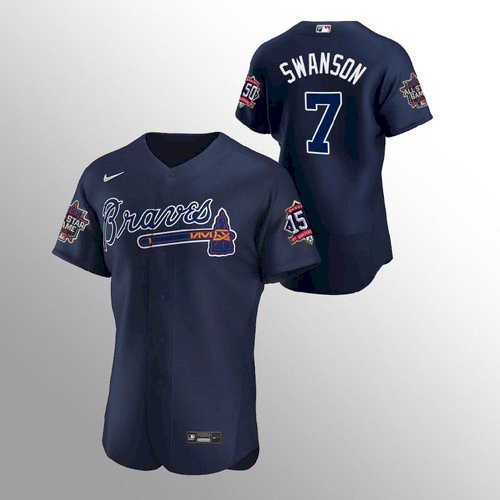Atlanta Atlanta Braves #7 Dansby Swanson Men’s Nike 150th Anniversary 2021 World Series Authentic MLB Jersey – Navy Men’s->atlanta braves->MLB Jersey