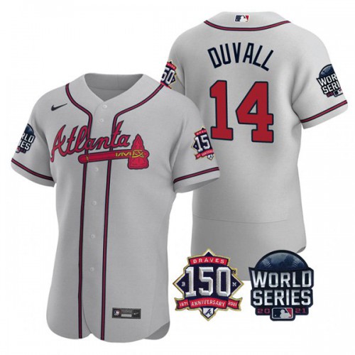 Atlanta Atlanta Braves #14 Adam Duvall Men’s Nike 150th Anniversary 2021 World Series Authentic MLB Jersey – Grey Men’s->atlanta braves->MLB Jersey