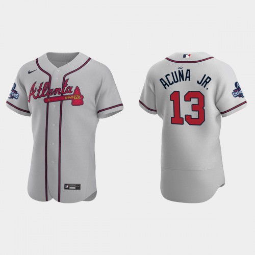 Atlanta Atlanta Braves #13 Ronald Acuna Jr. Men’s Nike 2021 World Series Champions Patch MLB Authentic Player Jersey – Gray Men’s->atlanta braves->MLB Jersey