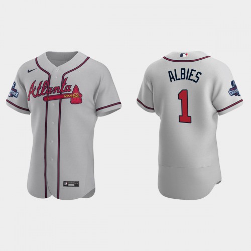 Atlanta Atlanta Braves #1 Ozzie Albies Men’s Nike 2021 World Series Champions Patch MLB Authentic Player Jersey – Gray Men’s->atlanta braves->MLB Jersey
