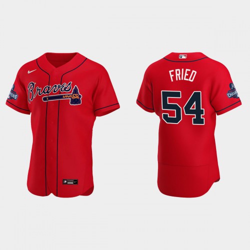 Atlanta Atlanta Braves #54 Max Fried Men’s Nike 2021 World Series Champions Patch MLB Authentic Player Jersey – Red Men’s->atlanta braves->MLB Jersey