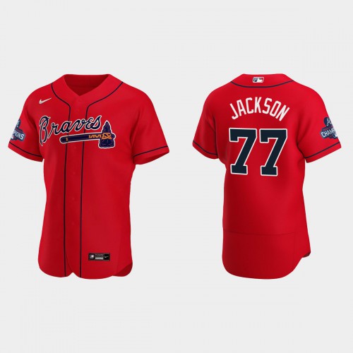 Atlanta Atlanta Braves #77 Luke Jackson Men’s Nike 2021 World Series Champions Patch MLB Authentic Player Jersey – Red Men’s->atlanta braves->MLB Jersey