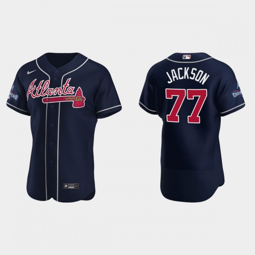 Atlanta Atlanta Braves #77 Luke Jackson Men’s Nike 2021 World Series Champions Patch MLB Authentic Player Jersey – Navy Men’s->atlanta braves->MLB Jersey