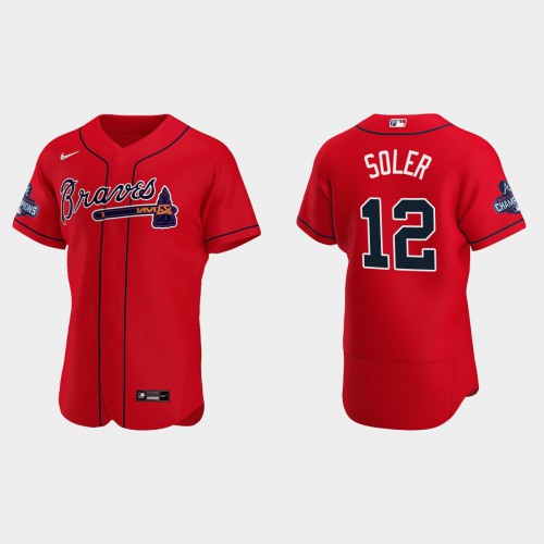 Atlanta Atlanta Braves #12 Jorge Soler Men’s Nike 2021 World Series Champions Patch MLB Authentic Player Jersey – Red Men’s->atlanta braves->MLB Jersey