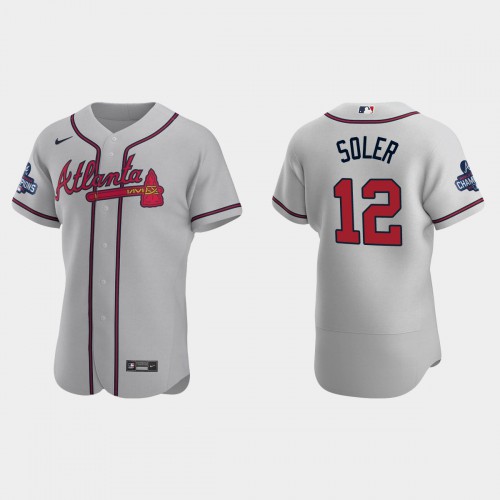 Atlanta Atlanta Braves #12 Jorge Soler Men’s Nike 2021 World Series Champions Patch MLB Authentic Player Jersey – Gray Men’s->atlanta braves->MLB Jersey