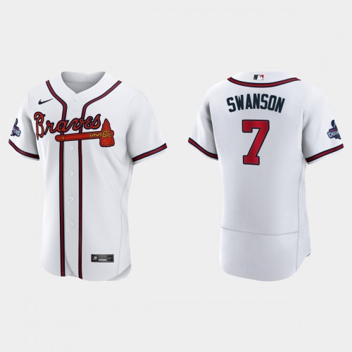 Atlanta Atlanta Braves #7 Dansby Swanson Men’s Nike 2021 World Series Champions Patch MLB Authentic Player Jersey – White Men’s->atlanta braves->MLB Jersey
