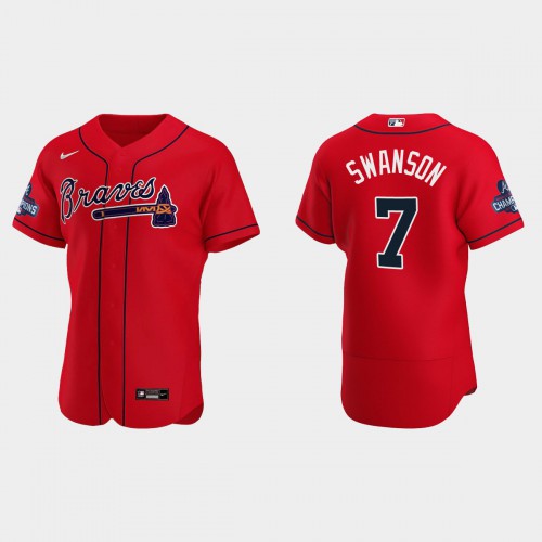 Atlanta Atlanta Braves #7 Dansby Swanson Men’s Nike 2021 World Series Champions Patch MLB Authentic Player Jersey – Red Men’s->atlanta braves->MLB Jersey