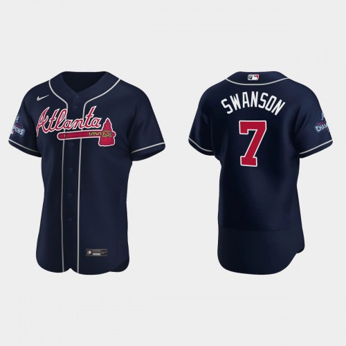 Atlanta Atlanta Braves #7 Dansby Swanson Men’s Nike 2021 World Series Champions Patch MLB Authentic Player Jersey – Navy Men’s->atlanta braves->MLB Jersey
