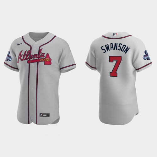 Atlanta Atlanta Braves #7 Dansby Swanson Men’s Nike 2021 World Series Champions Patch MLB Authentic Player Jersey – Gray Men’s->atlanta braves->MLB Jersey