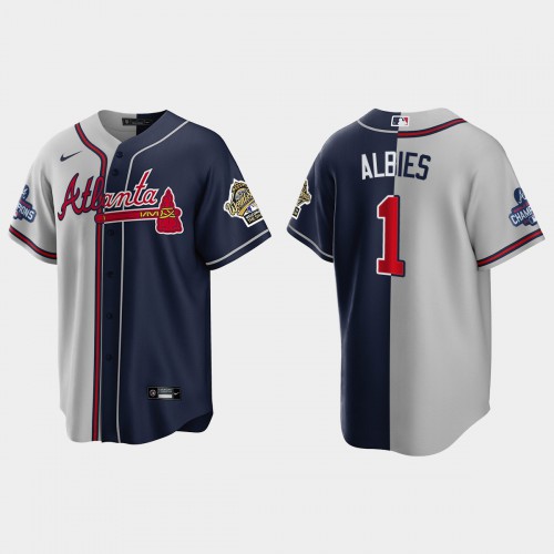Atlanta Atlanta Braves #1 Ozzie Albies Men’s Nike 2021 World Series Champions 1995 Throwback Split Gray Navy MLB Stitched Jersey Men’s->atlanta braves->MLB Jersey