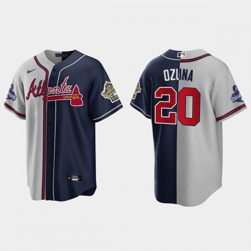 Atlanta Atlanta Braves #20 Marcell Ozuna Men’s Nike 2021 World Series Champions 1995 Throwback Split Gray Navy MLB Stitched Jersey Men’s->atlanta braves->MLB Jersey