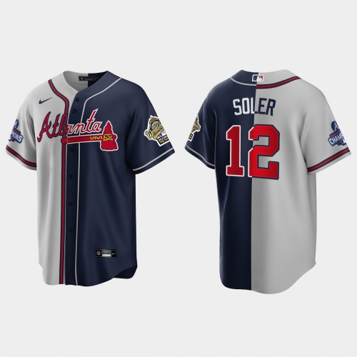 Atlanta Atlanta Braves #12 Jorge Soler Men’s Nike 2021 World Series Champions 1995 Throwback Split Gray Navy MLB Stitched Jersey Men’s->atlanta braves->MLB Jersey