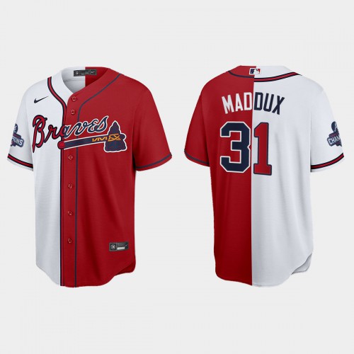 Atlanta Atlanta Braves #31 Greg Maddux Men’s Nike 2021 World Series Champions Split Red White MLB Stitched Jersey Men’s->atlanta braves->MLB Jersey