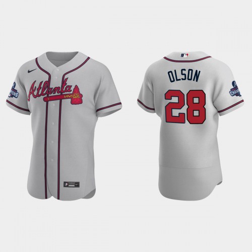 Atlanta Atlanta Braves #28 Matt Olson Men’s Nike 2021 World Series Champions Patch MLB Authentic Player Jersey – Gray Men’s->atlanta braves->MLB Jersey