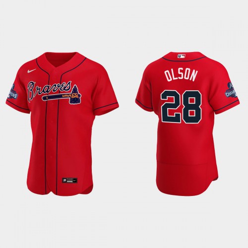 Atlanta Atlanta Braves #28 Matt Olson Men’s Nike 2021 World Series Champions Patch MLB Authentic Player Jersey – Red Men’s->atlanta braves->MLB Jersey