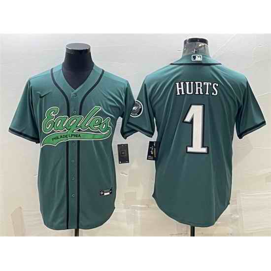 Men Philadelphia Eagles #1 Jalen Hurts Green With Patch Cool Base Stitched Baseball Jersey->philadelphia eagles->NFL Jersey