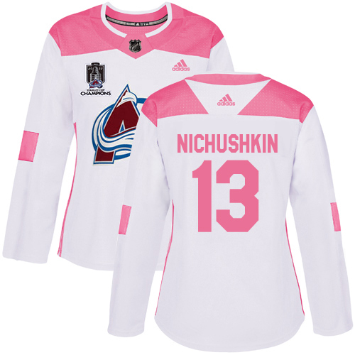 Adidas Colorado Avalanche #13 Valeri Nichushkin White/Pink 2022 Stanley Cup Champions Authentic Fashion Women’s Stitched NHL Jersey Womens->youth nhl jersey->Youth Jersey