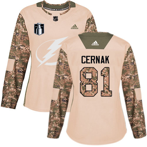 Adidas Tampa Bay Lightning #81 Erik Cernak Camo Authentic 2022 Stanley Cup Final Patch Women’s Veterans Day Stitched NHL Jersey Womens->women nhl jersey->Women Jersey
