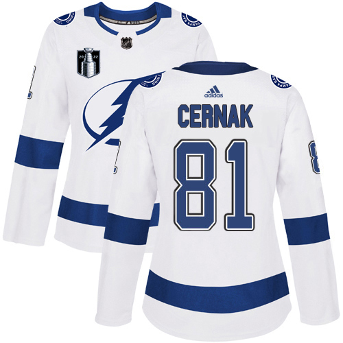 Adidas Tampa Bay Lightning #81 Erik Cernak White 2022 Stanley Cup Final Patch Women’s Road Authentic NHL Stanley Cup Final Patch Jersey Womens->women nhl jersey->Women Jersey