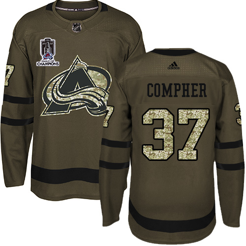 Adidas Colorado Avalanche #37 J.T. Compher Green Youth 2022 Stanley Cup Champions Salute To Service Stitched NHL Jersey Youth->youth nhl jersey->Youth Jersey