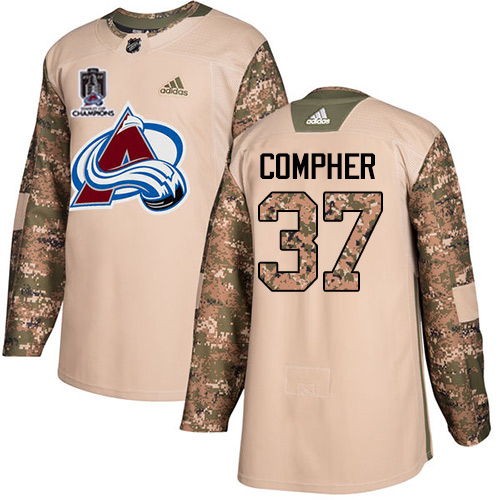 Adidas Colorado Avalanche #37 J.T. Compher Camo Authentic Youth 2022 Stanley Cup Champions Veterans Day Stitched NHL Jersey Youth->youth nhl jersey->Youth Jersey