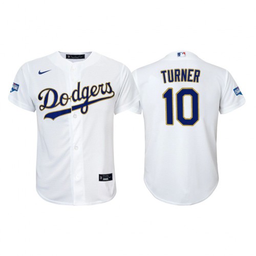 Los Angeles Los Angeles Dodgers #10 Justin Turner Youth Nike 2021 Gold Program World Series Champions MLB Jersey Whtie Youth->youth mlb jersey->Youth Jersey