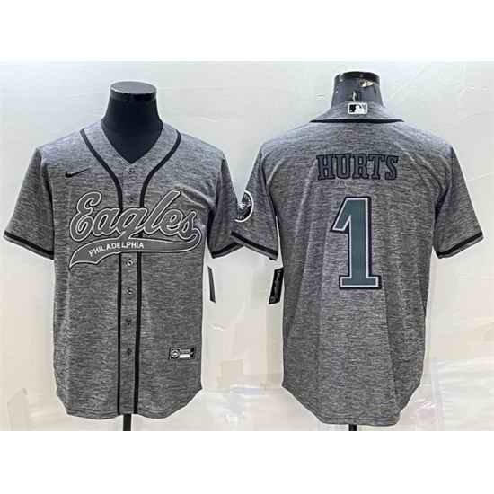 Men Philadelphia Eagles #1 Jalen Hurts Grey With Patch Cool Base Stitched Baseball Jersey->philadelphia eagles->NFL Jersey